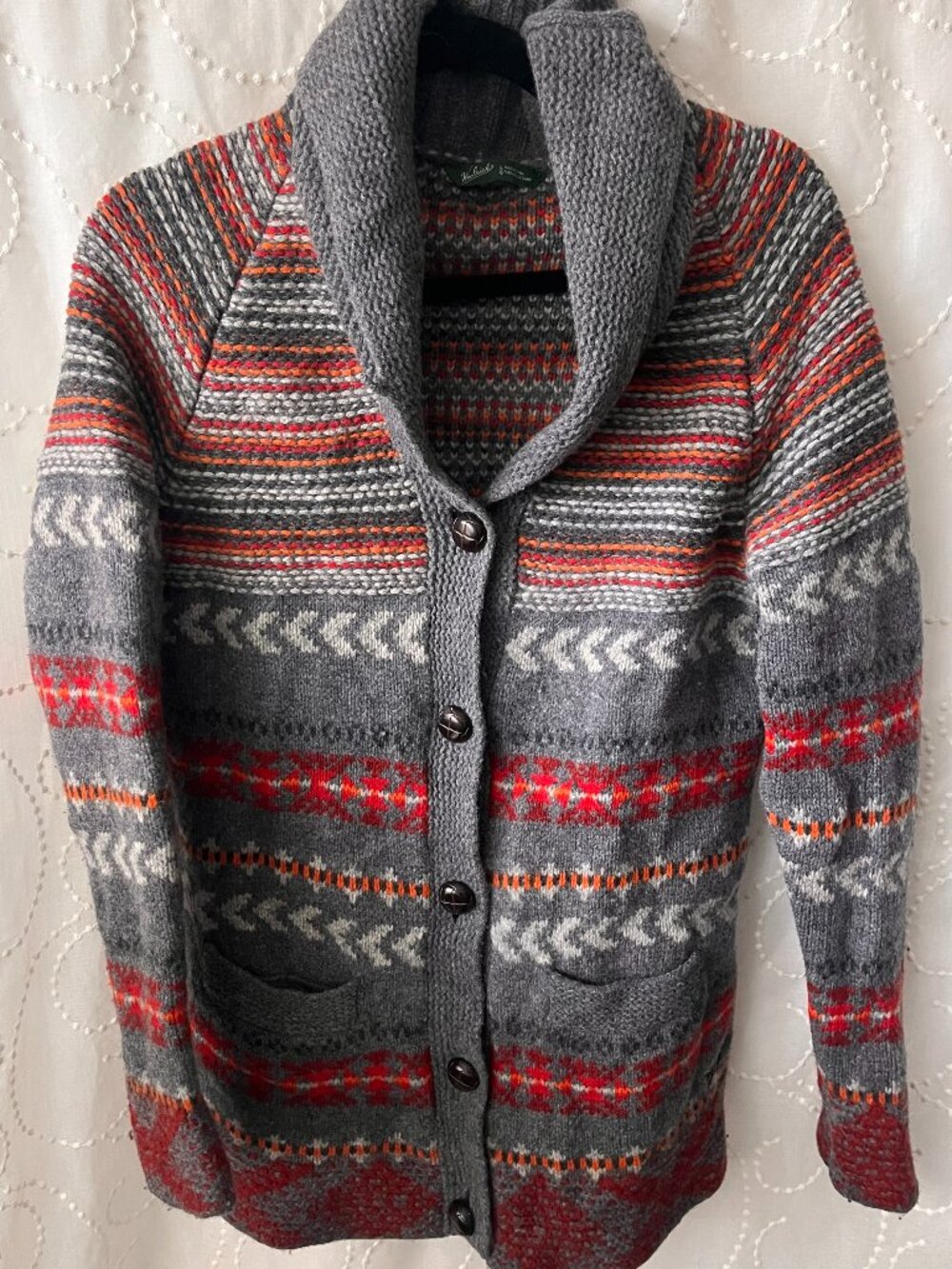 Vintage Woolrich Lambswool Blend Fair Isle Button-Front Shawl Sweater Size L